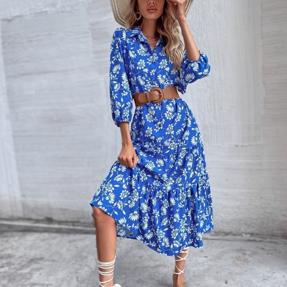 Bohemian Blue Floral Button up Ruffle Midi Dress - Picture 3 of 7